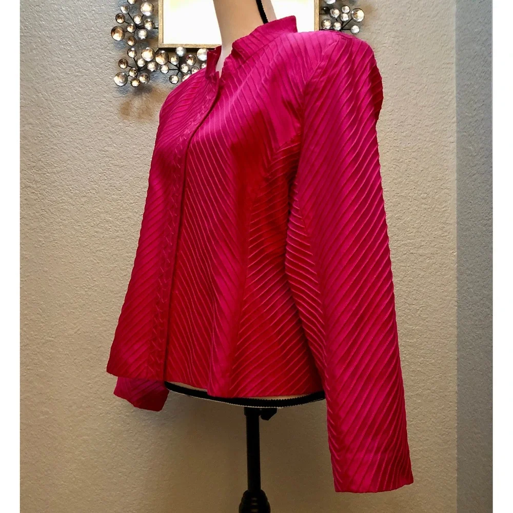 Silk Club Pink Silk Jacket Women's‎ Size Large Ribbed Striped Zipper Vintage